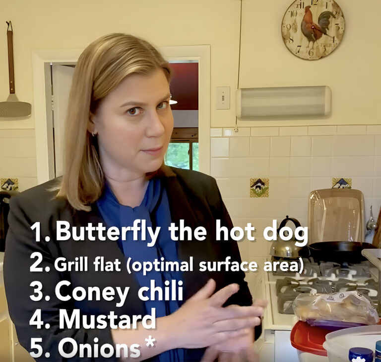 Screenshot from Elissa Slotkin video with instructions "1. butterfly the hot dog 2. grill flat (optimal surface area) 3. coney chili 4. mustard 5. onions*"